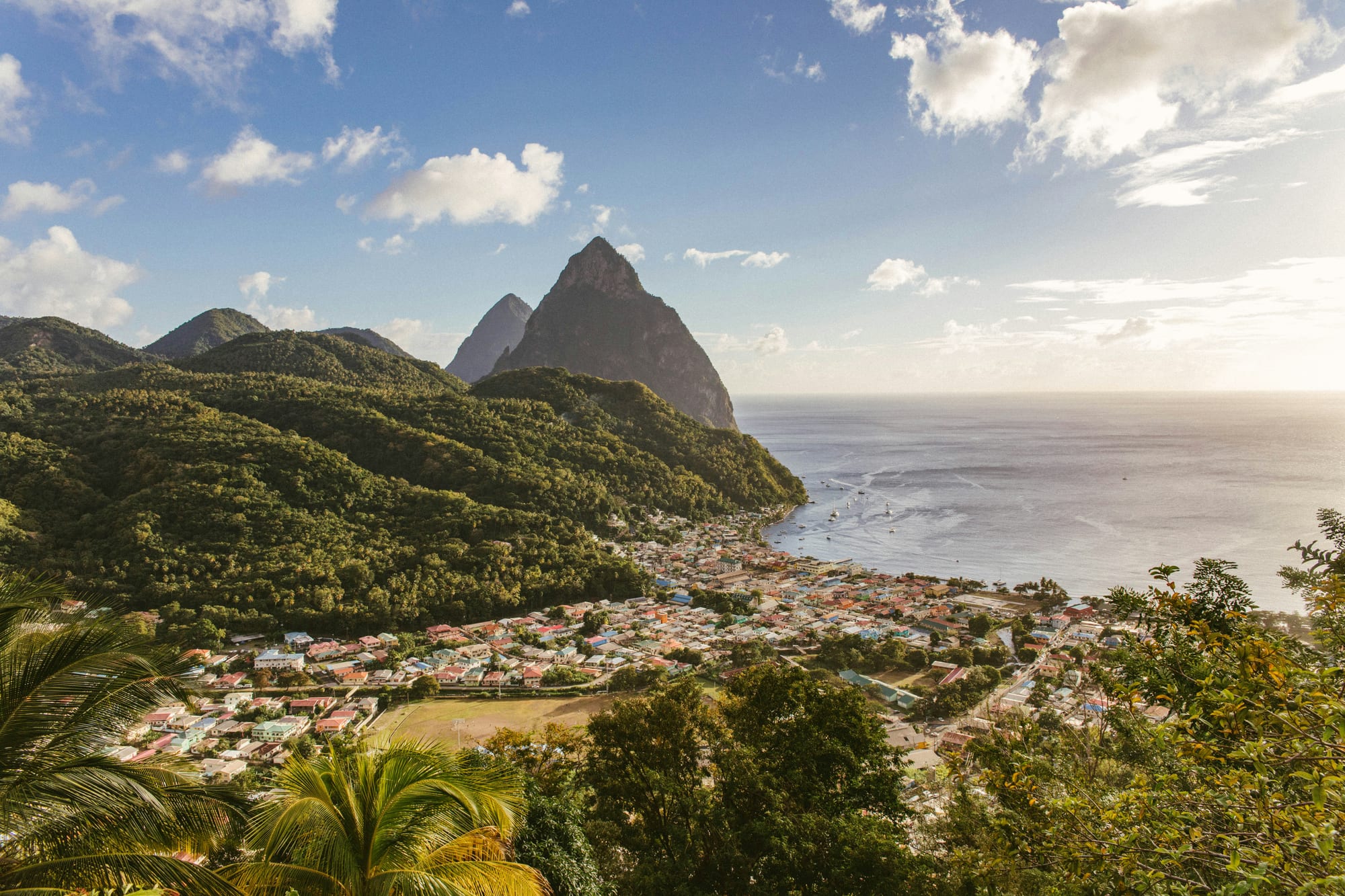 Soufrière, Saint Lucia — looking out over Soufrière town and the Pitons