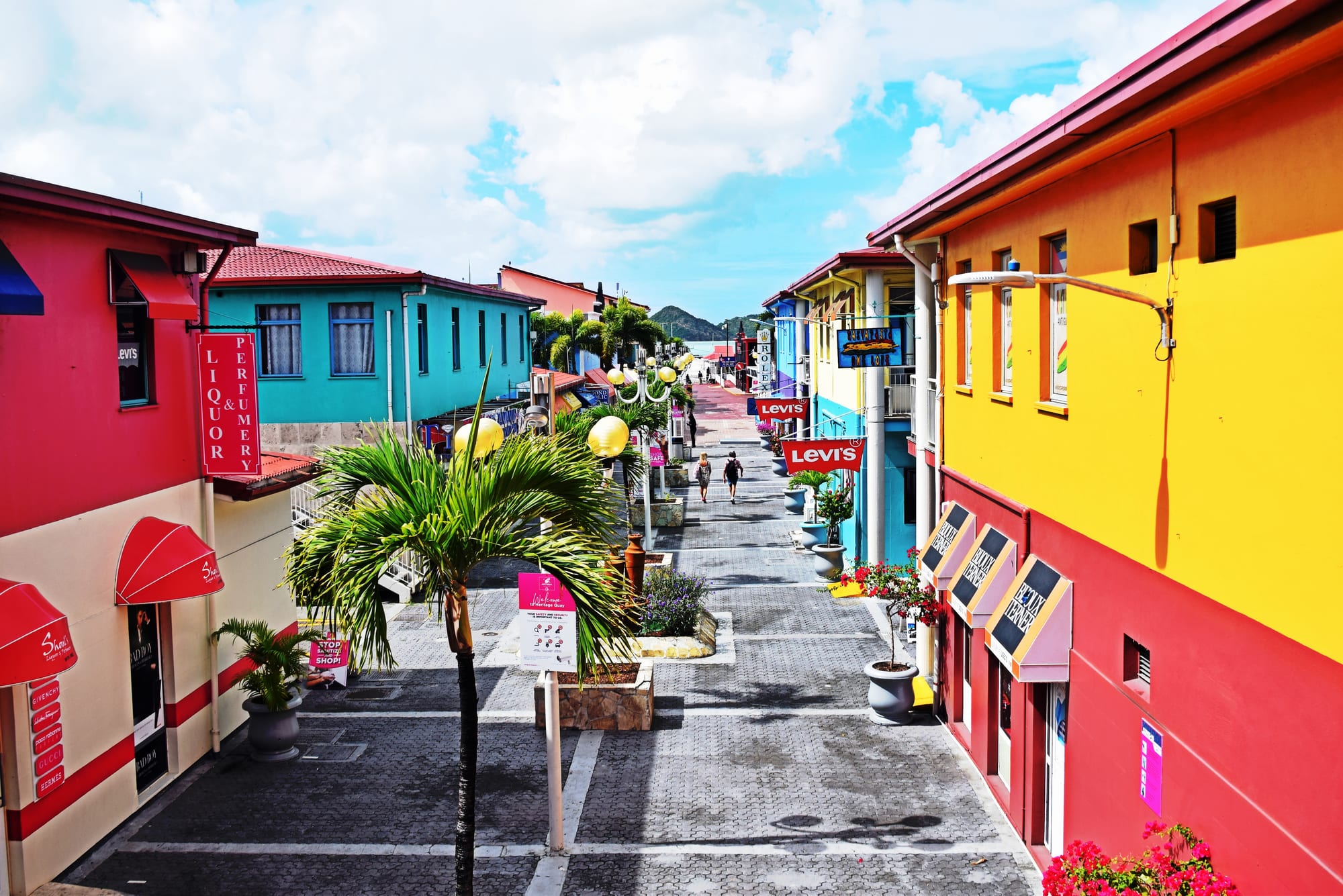 Heritage Quay, Saint John's, Antigua — wandering the colourful shopping promenade at Heritage Quay